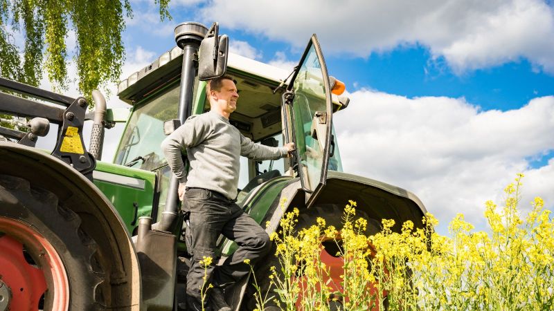 Ein Bauer steht in der Tür seines großen Traktors und schaut zufrieden über sein Rapsfeld.