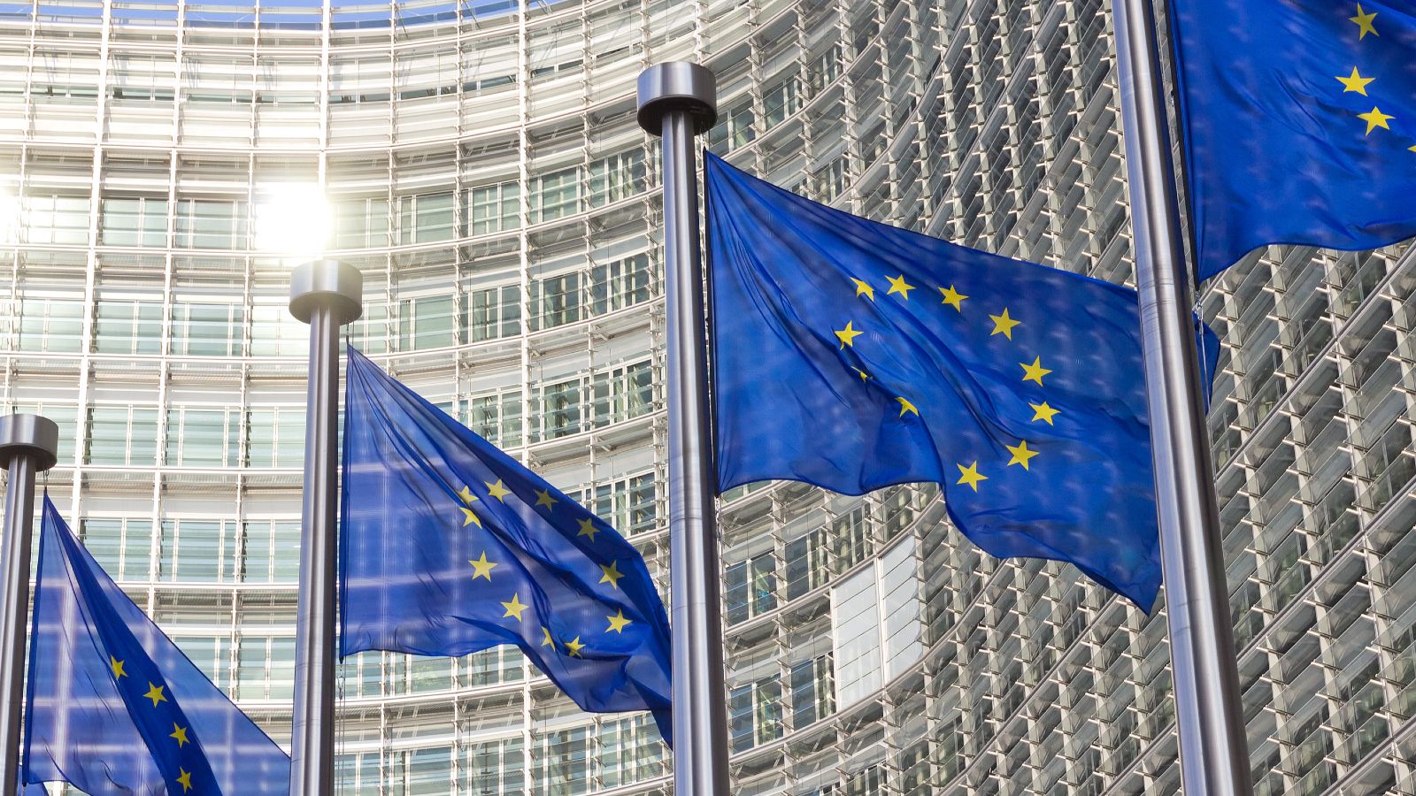 Bild des EU Kommissionsgebäudes in  Brüssel mit Europa Fahnen im Vordergrund