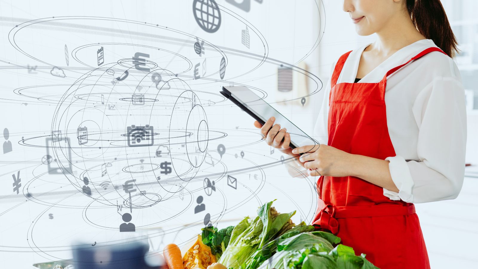 Eine Frau mit einer roten Schürze steht in der Küche und hält ein Tablet. Vor ihr liegt frisches Gemüse. Im Raum schweben diverse illustrierte Piktogramm um eine skizzierte Kugel.