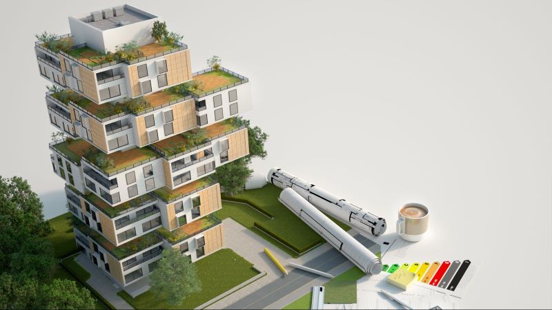Modell eines modernen Hauses mit Dachbegrünung und Grünflächen. Vor dem Modell liegen Gebäudepläne und Büroutensilien.
