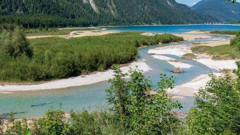 Fluss verläuft im Tal zwischen Bergwaldhängen