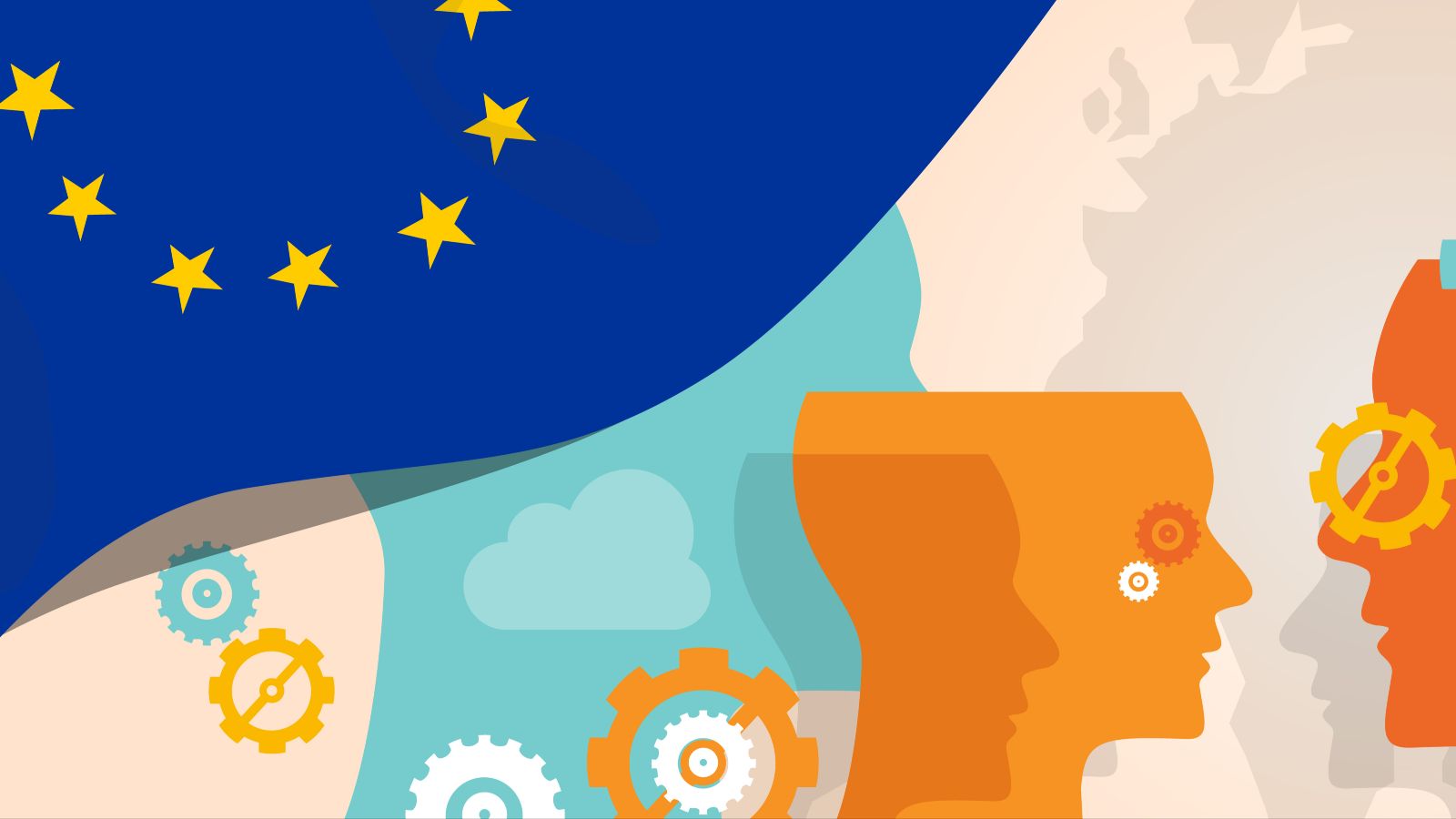 Vektorgrafik mit einer EU-Flagge in der linken Ecke, Zahnrädern und mehreren Silhouetten von Köpfen, die oben geöffnet sind.