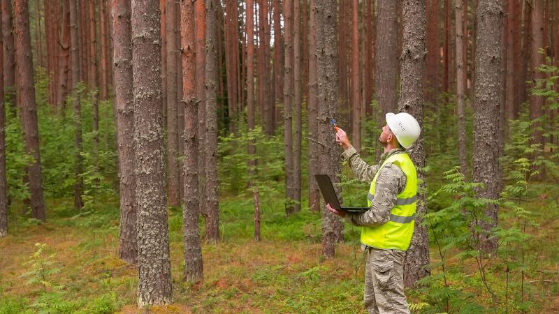 Ein in einem Nadelbaumwald stehender Mann mit Tarnanzug, Sicherheitsweste und weißem Sicherheitshelm. In der einen Hand hält er einen aufgeklappten Laptop und in der anderen einen Stift mit dem er nach oben zeigt