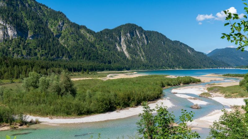 Fluss verläuft im Tal zwischen Bergwaldhängen