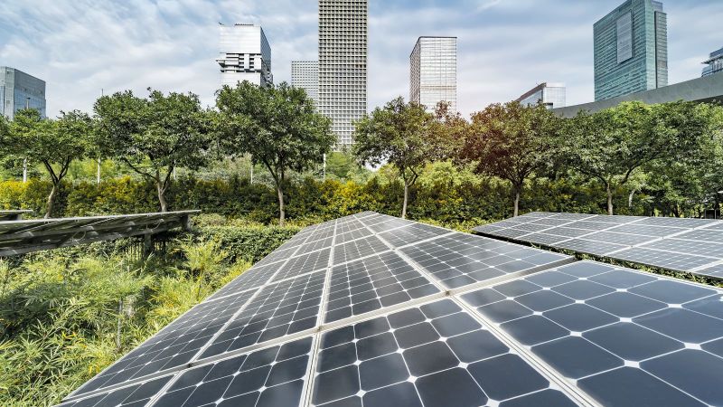 Solaranlagen stehen auf einer begrünten Fläche. Im Hintergrund befinden sich Hochhäuser.