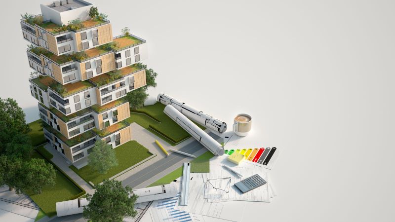 Modell eines modernen Hauses mit Dachbegrünung und Grünflächen. Vor dem Modell liegen Gebäudepläne und Büroutensilien.