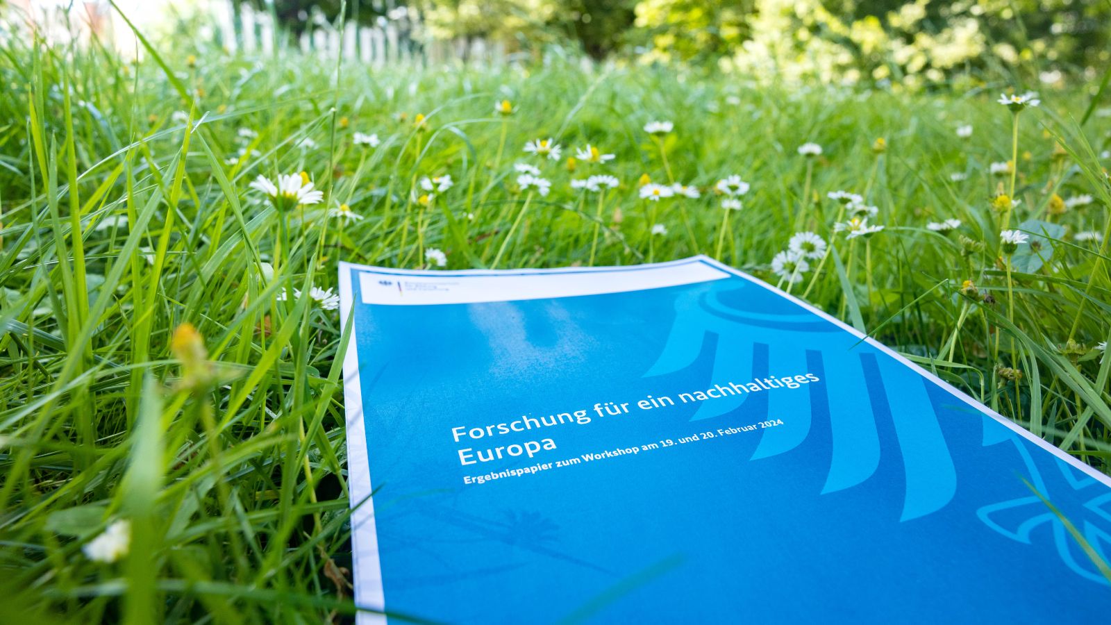 Das Ergebnispapier des Workshops Forschung für ein nachhaltiges Europa liegt auf einer grünen Wiese.