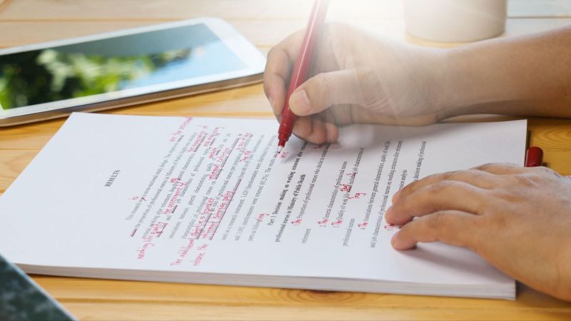 Auf einem Tisch liegt ein Dokument. Darüber sind zwei Hände. Eine Hand hält einen Rotstift und macht Korrekturen, die andere hält die Stiftkappe. Neben dem Dokument liegt ein Handy.