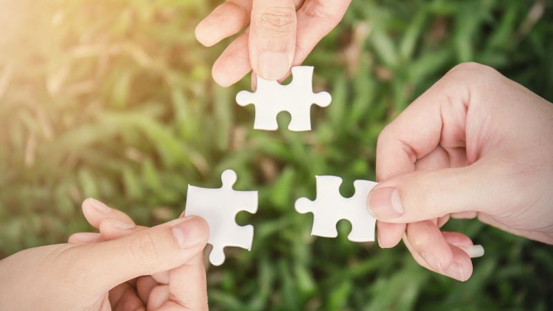 Drei Hände halten je ein Puzzleteil über einer grünen Wiese.