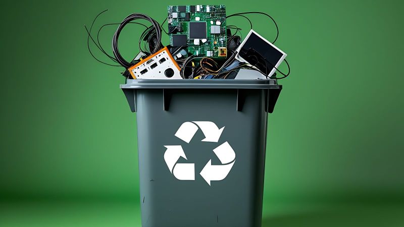 Eine graue Tonne mit weißem Recyclingsymbol steht vor grünem Hintergrund. Über den Rand der Mülltonne ragen diverse alte Elektrogeräte und Kabel.