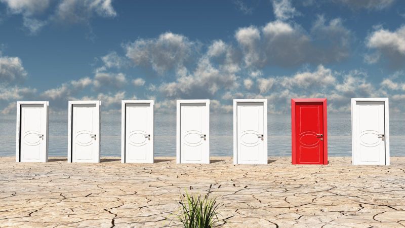In einer vertrockneten, baumlosen Landschaft stehen sieben geschlossene Türen. Eine davon ist rot. Im Hintergrund blauer Himmel mit leichter Bewölkung.