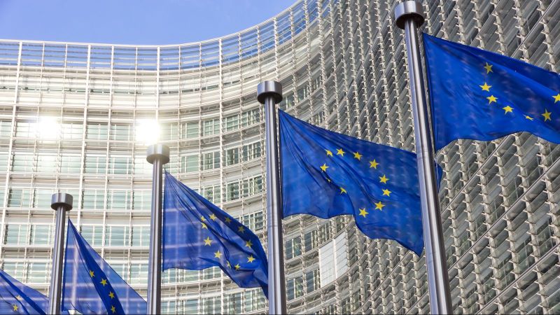 Bild des EU Kommissions Gebäude in  Brüssel mit Europa Fahnen im Vordergrund.