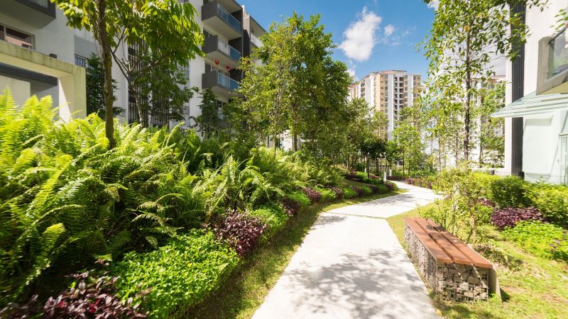 Weg durch moderne, begrünte Häuseranlage.