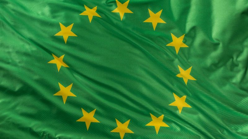 Eine grüne Flagge der Europäischen Union weht im Wind.