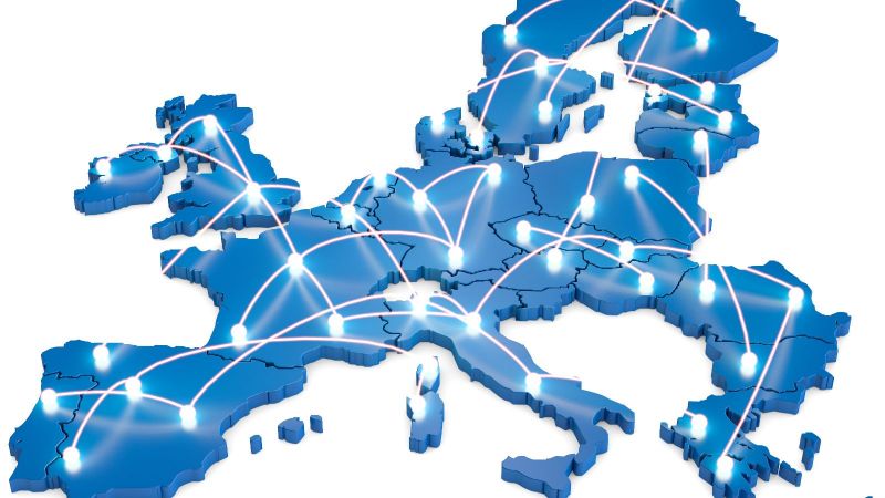 Schematische Karte der europäischen Länder mit hellen Punkten und Verbindungslinien