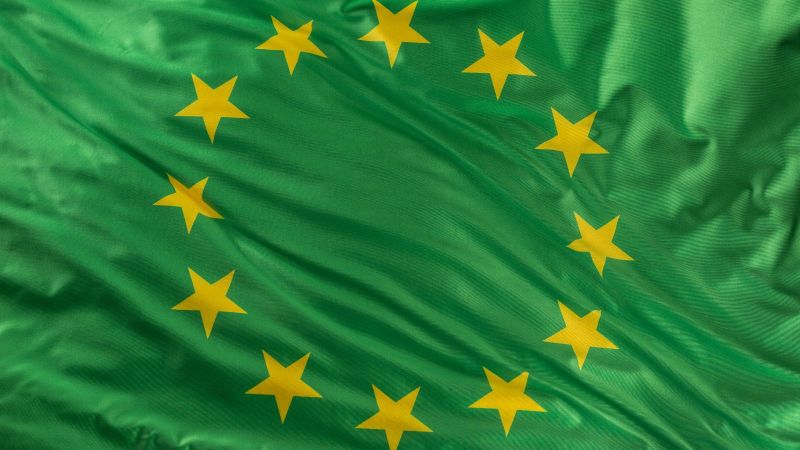 Eine grüne Flagge der Europäischen Union weht im Wind.