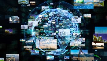 Die Bildmontage zeigt Fotos aus verschiedenen Bereichen der Weltwirtschaft vor einem digitalen Modell der Erdballs.