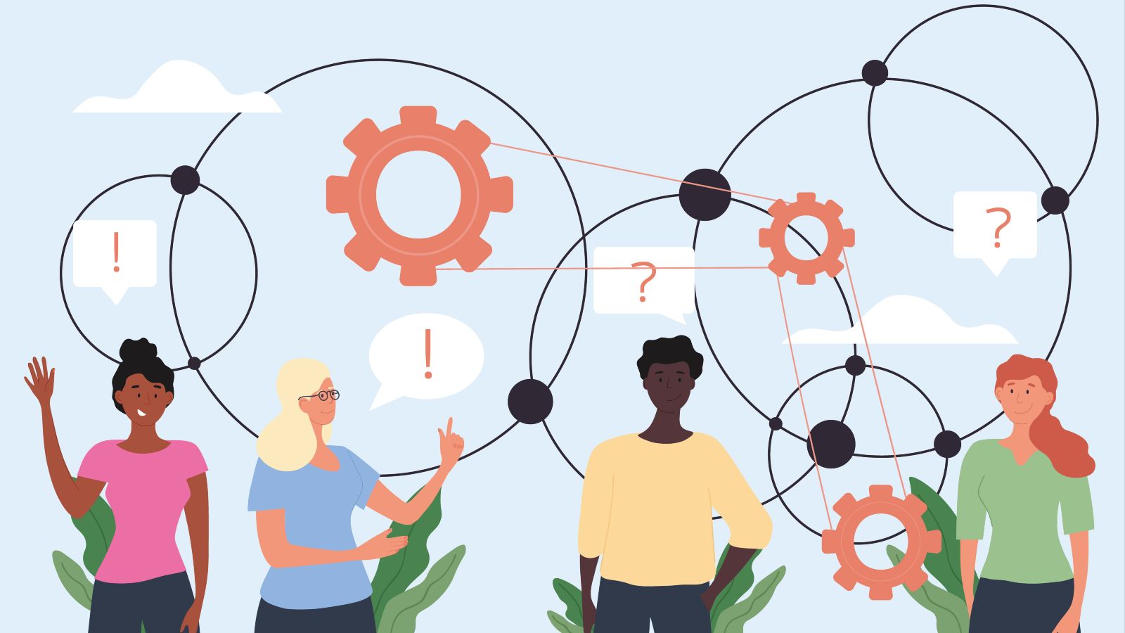 Eine digitale Illustration verbildlicht die Verbindungen zwischen unterschiedlichen Ideen mit Hilfe von Kreisen, Zahnrädern, Ausrufezeichen, Fragezeichen. Im Vordergrund steht eine Gruppe unterschiedlicher Personengruppen, hinter den Personen sind jeweils große Blätter zu sehen.