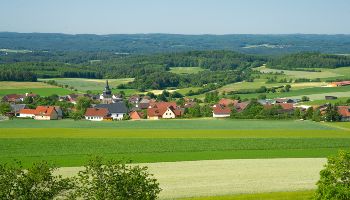 Zu sehen ist ein Dorf in einer grünen Landschaft mit Feldern und Wäldern.