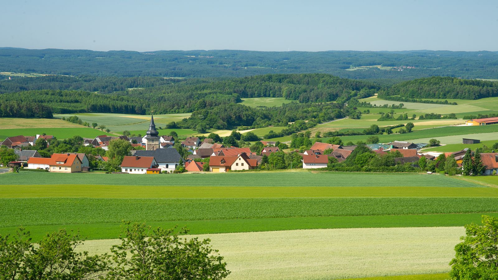 Zu sehen ist ein Dorf in einer grünen Landschaft mit Feldern und Wäldern.
