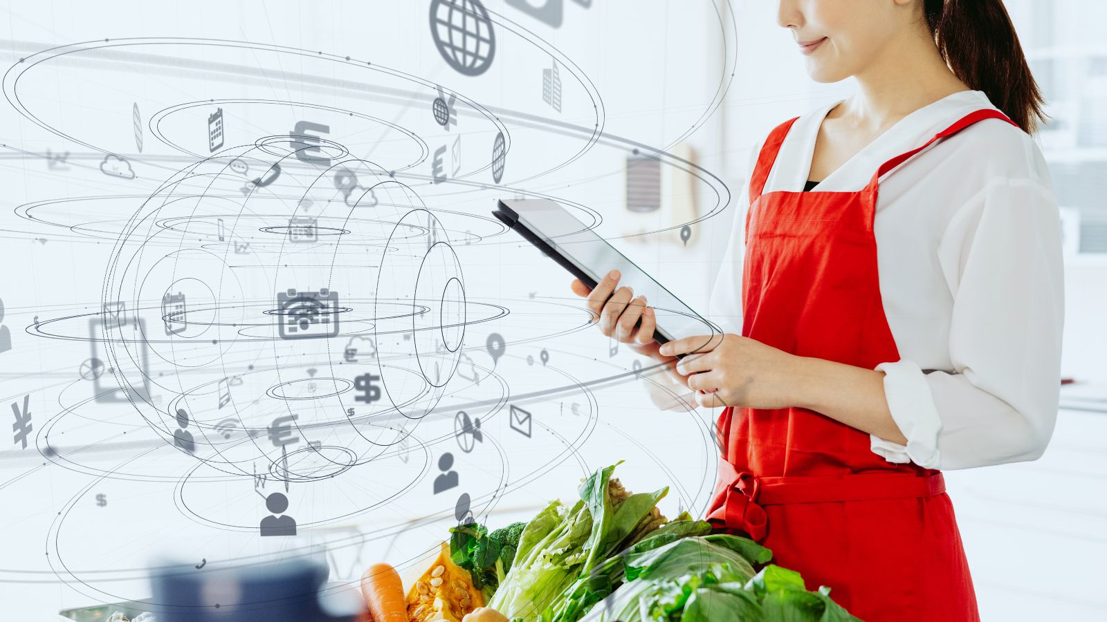 Eine Frau mit einer roten Schürze steht in der Küche und hält ein Tablet. Vor ihr liegt frisches Gemüse. Im Raum schweben diverse illustrierte Piktogramm um eine skizzierte Kugel.