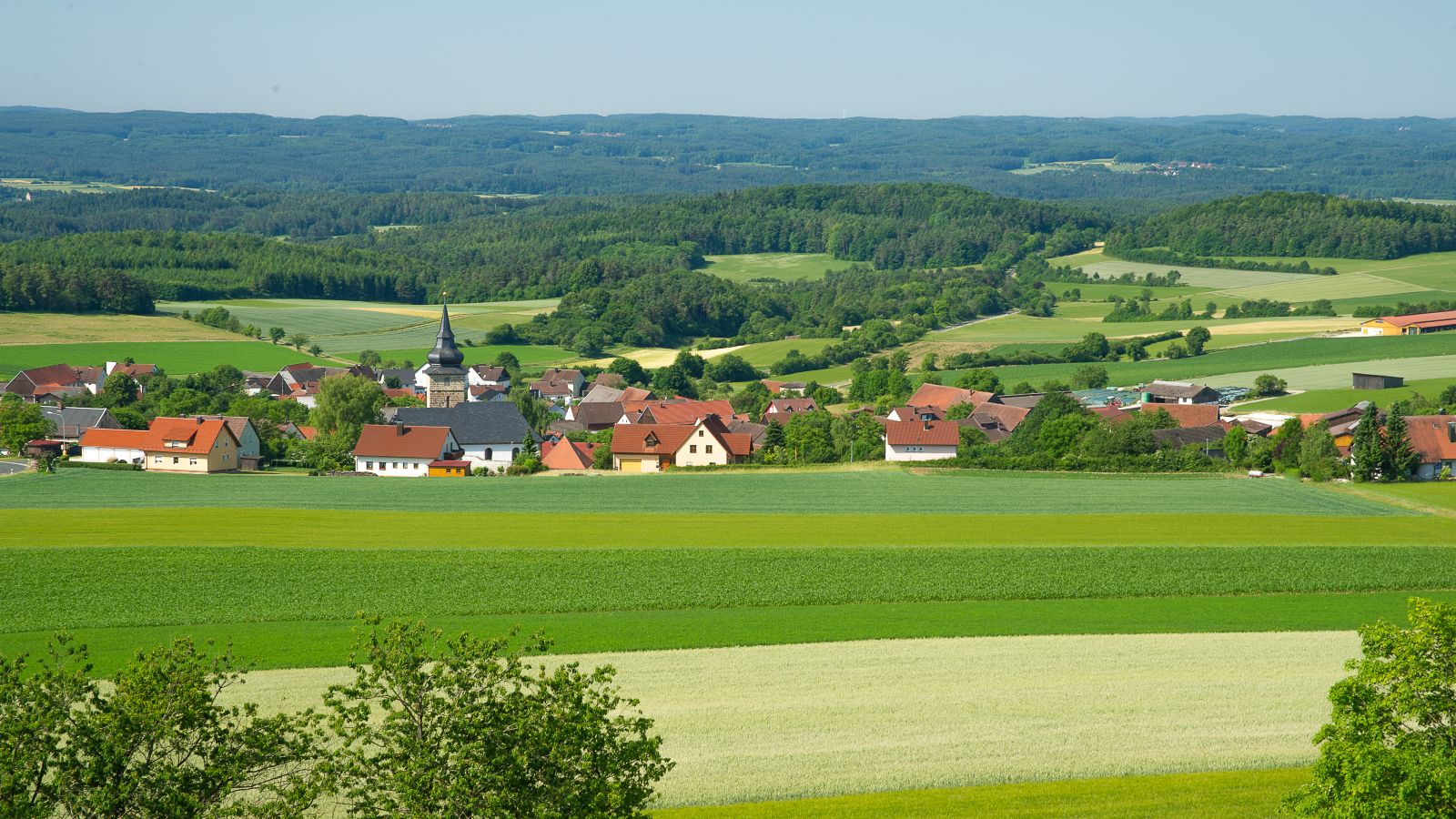 Ein kleines Dorf liegt inmitten von Feldern bedeckten Hügeln. Im Hintergrund erstreckt sich eine weite Waldlandschaft. Über allem steht ein wolkenloser blauem Himmel.