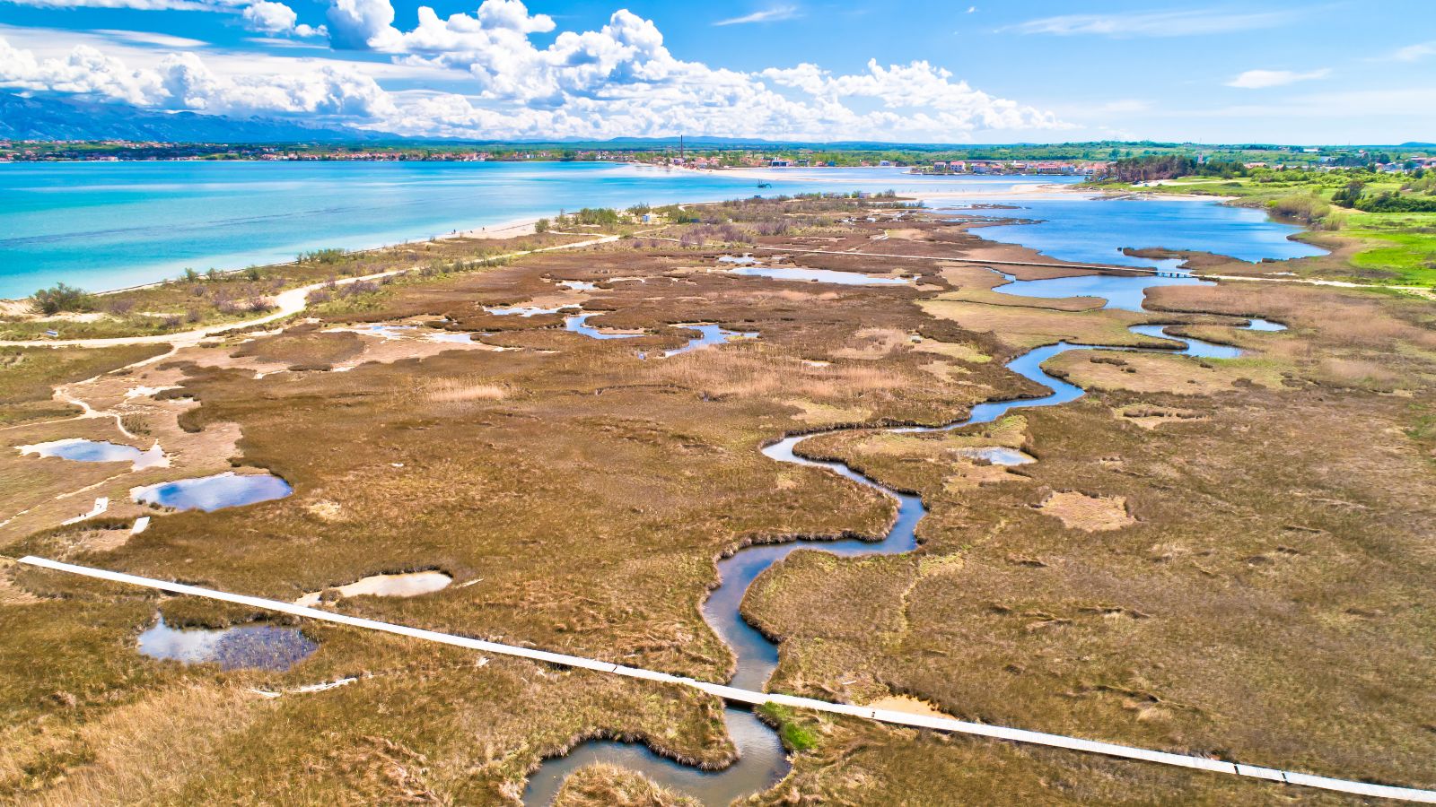 Ein Fluss schlängelt sich durch Marschland auf das Meer zu. Im Delta liegt eine Gemeinde.