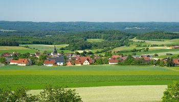 Zu sehen ist ein Dorf in einer grünen Landschaft mit Feldern und Wäldern.