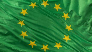 Eine grüne Flagge der Europäischen Union weht im Wind.