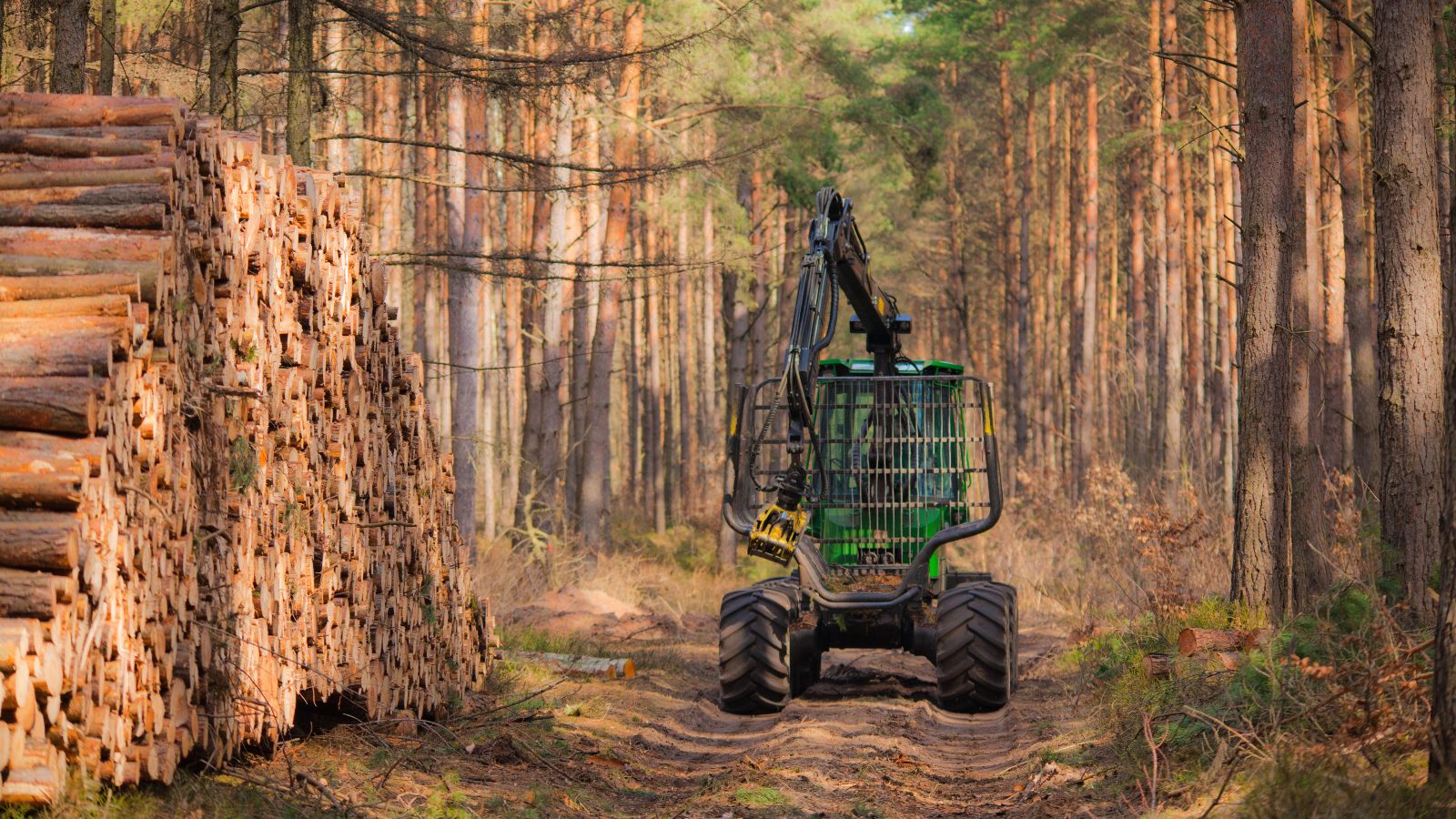 Ein forstwirtschaftlicher Harvester fährt durch einen Kiefernforst. Am Rande des Waldweges liegen gefällte Baumstämme.