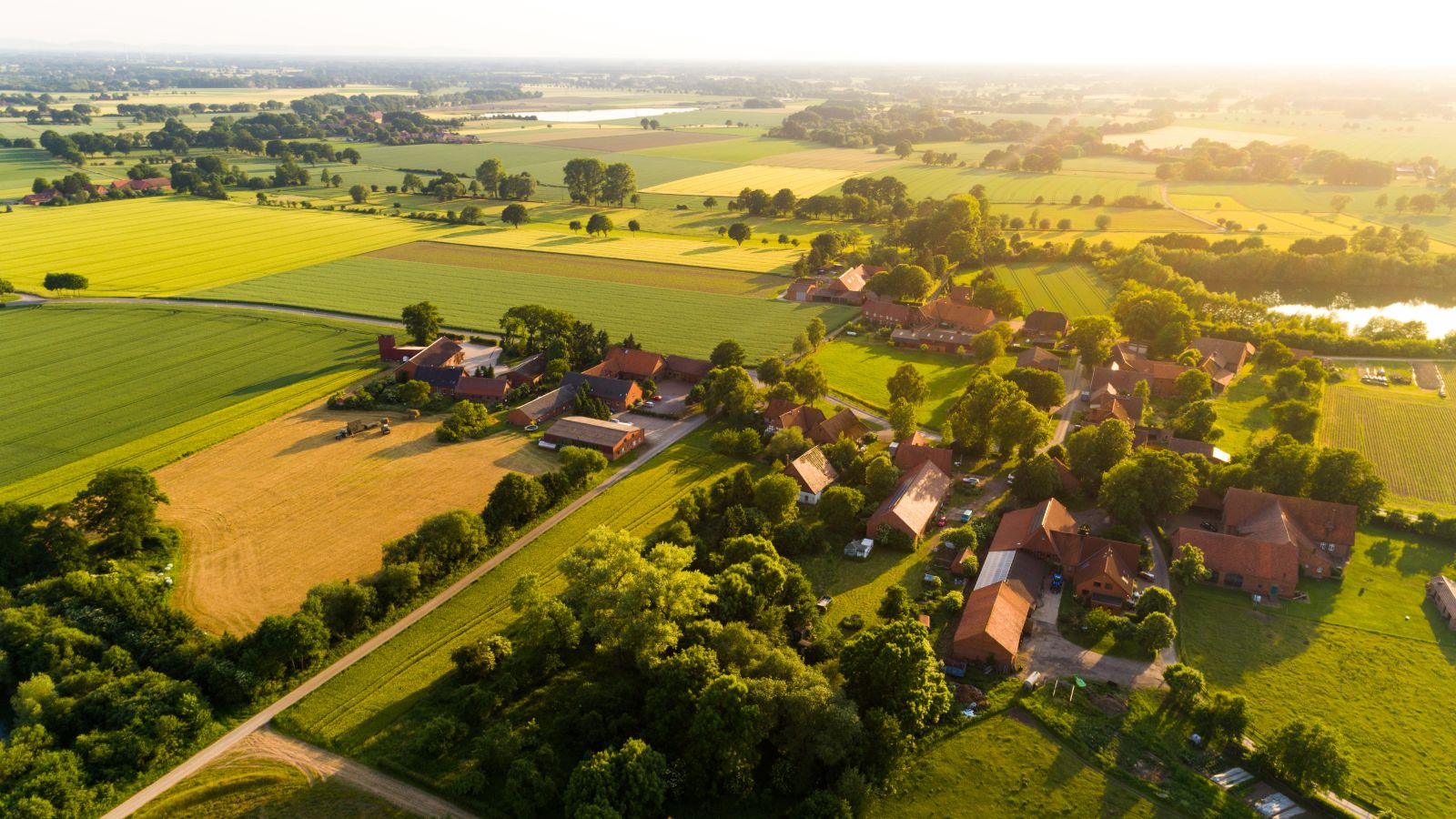 Eine weiträumiger Bauernhof steht inmitten einiger Baumgruppen. Um das Gehöft erstrecken landwirtschaftrliche Flächen über flaches Land bis zum Horizont.