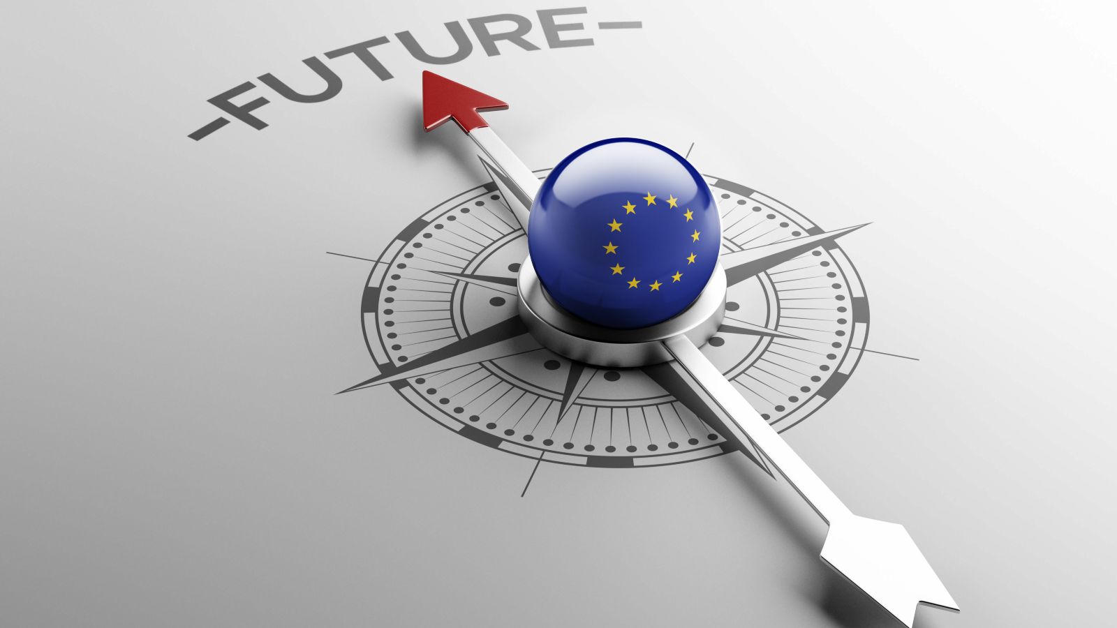Eine Kompassnadel mit einem Globus in europäischen Farben zeigt auf weißem Untergrund auf das Wort Future.