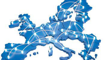 Schematische Karte der europäischen Länder mit hellen Punkten und Verbindungslinien