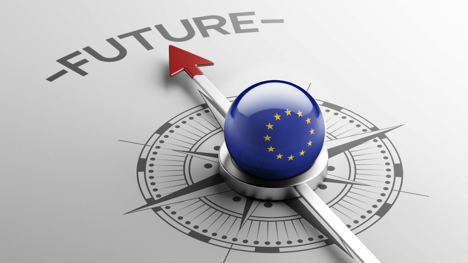 Eine Kompassnadel mit einem Globus in europäischen Farben zeigt auf weißem Untergrund auf das Wort Future.
