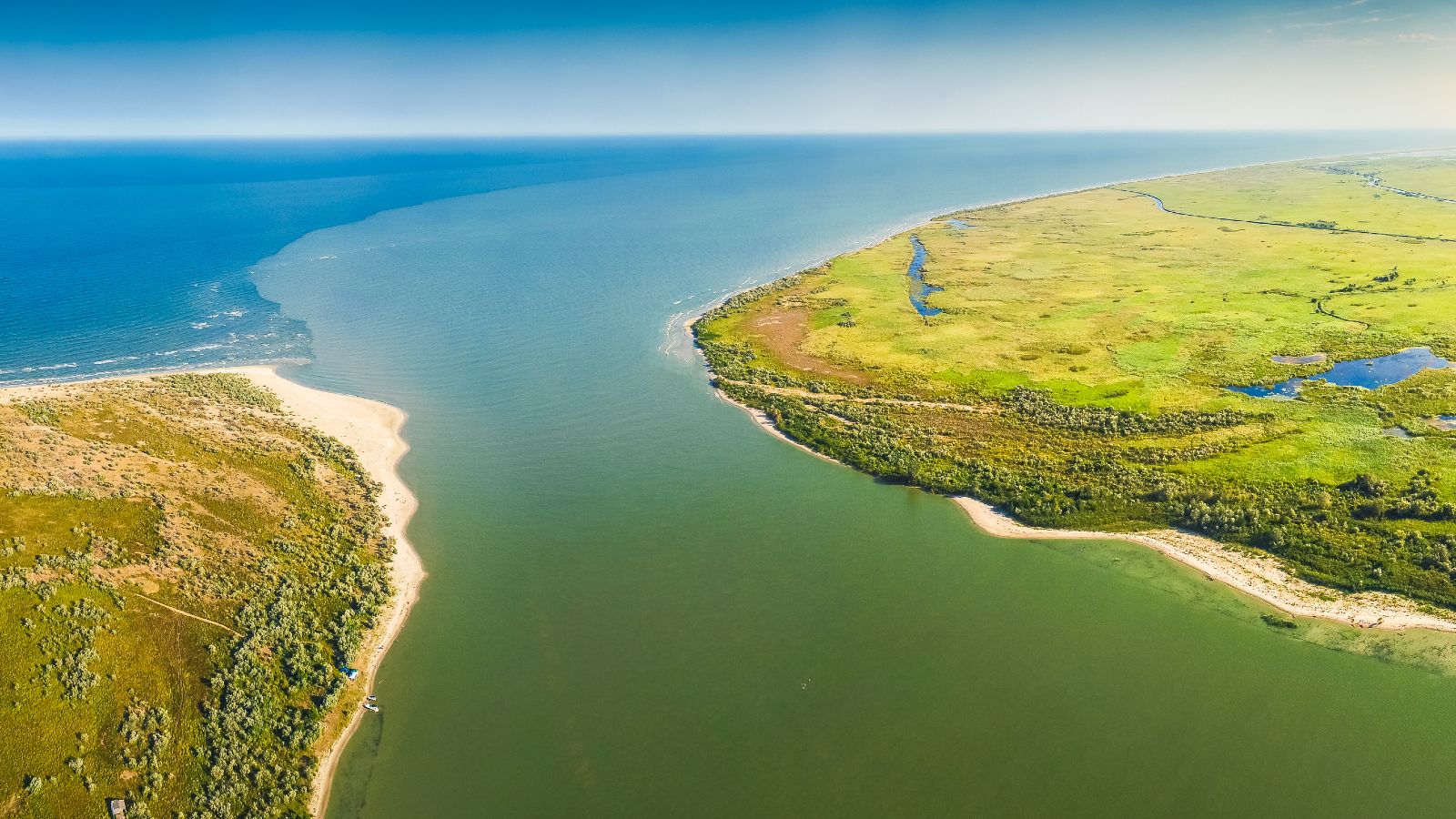 Blick aus der Vogelperspektive auf eine flache Küstenlandschaft mit grünen Wiesen und Sandstränden