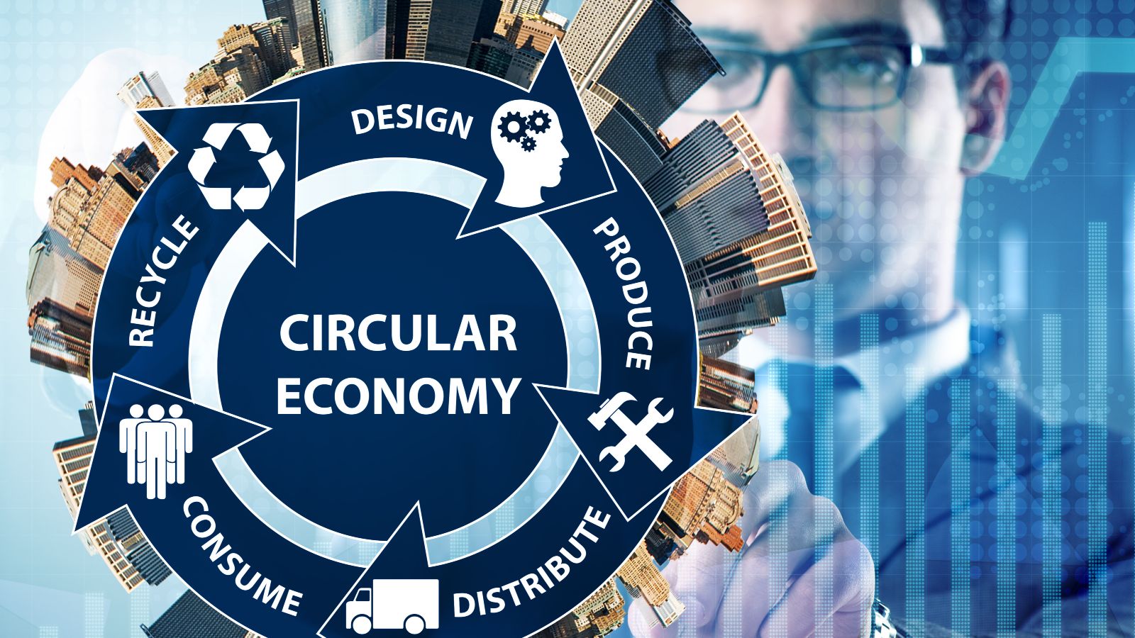 Ein junger Geschäftsmann zeigt auf eine systematische Darstellung der 