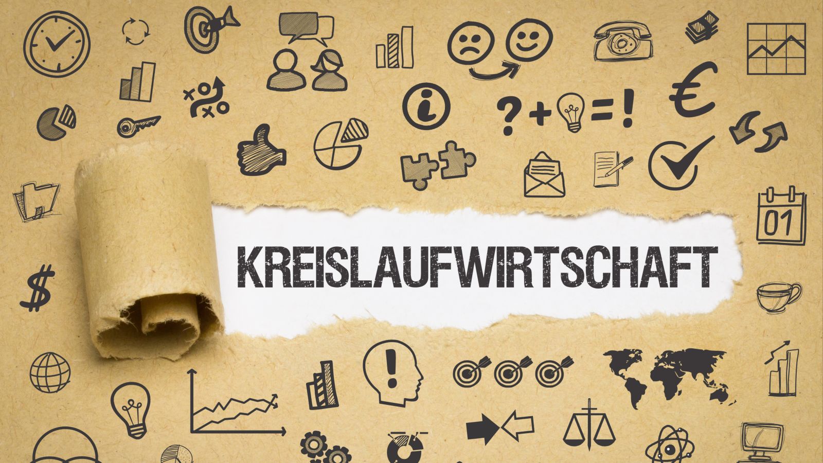 Unter einem Riss in einem braunen Blatt Papier steht das Wort „Kreislaufwirtschaft“. Auf dem Papier sind viele verschiedene Piktogramme.