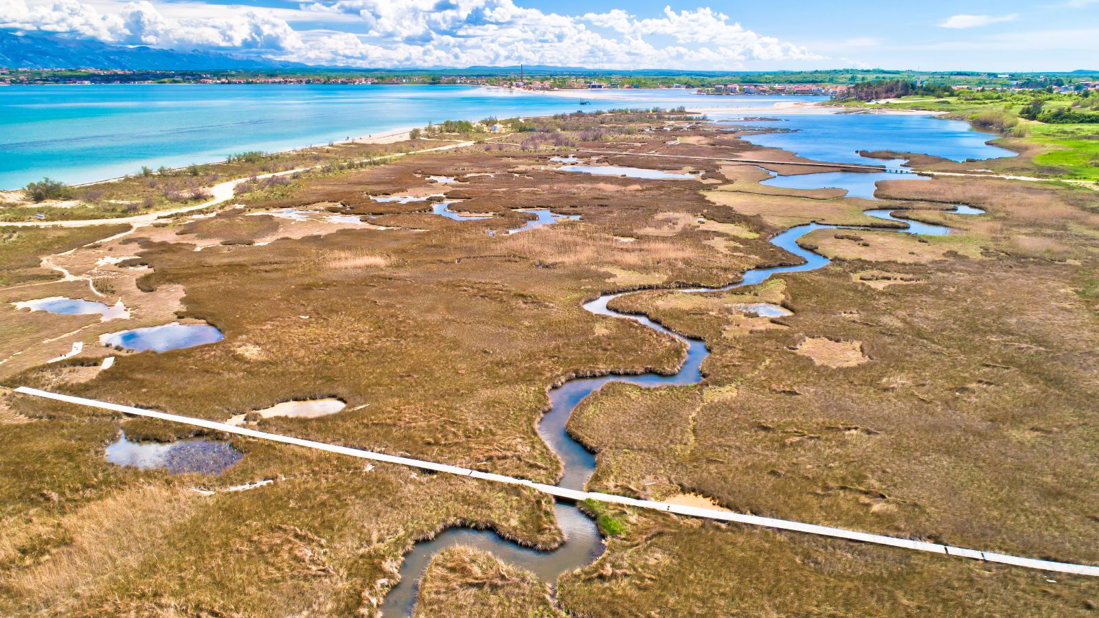 Ein Fluss schlängelt sich durch Marschland auf das Meer zu. Im Delta liegt eine Gemeinde.