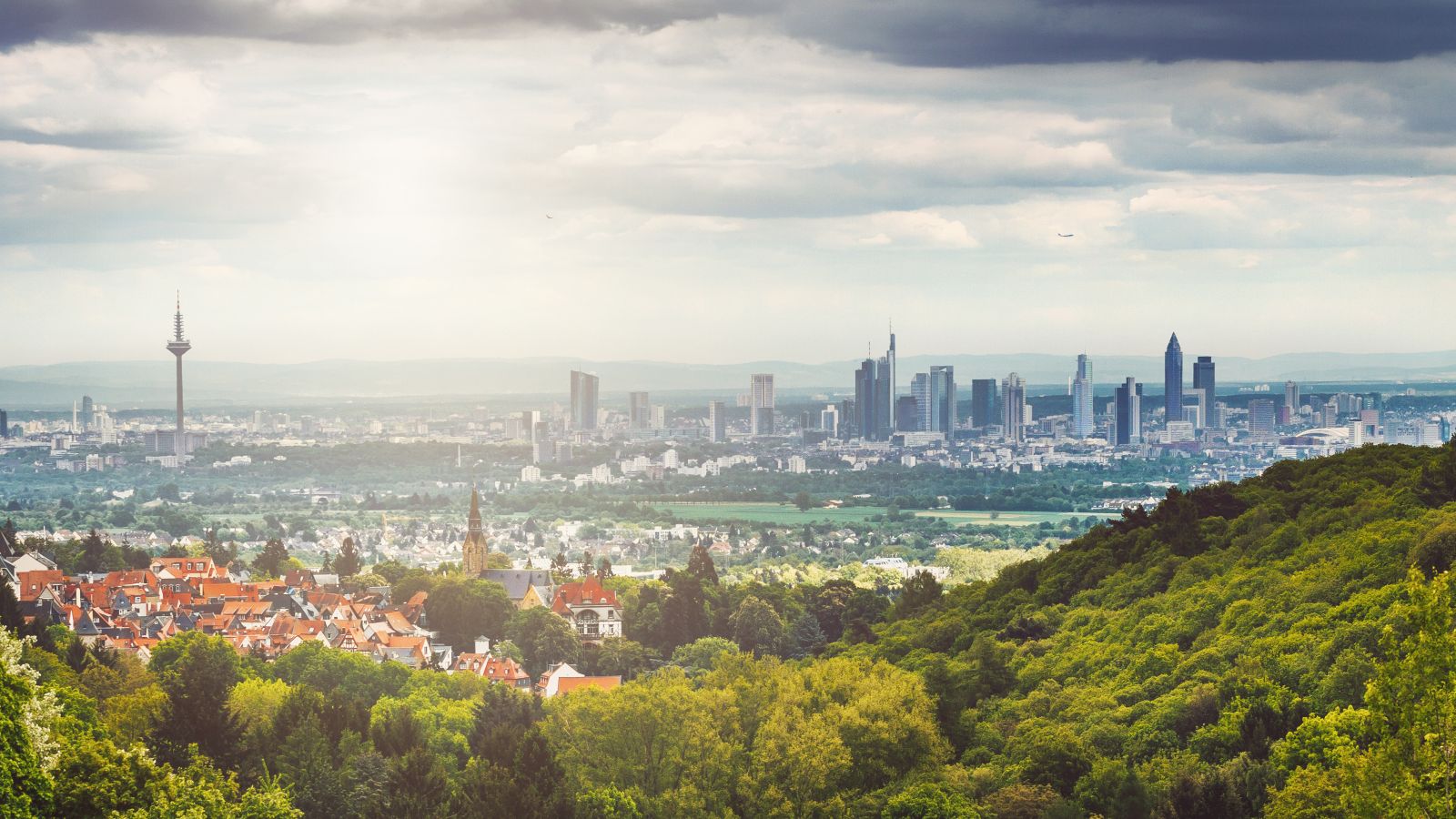 Blick auf Stadtpanorama mit vielen Parks über die Stadt verteilt. Dicht bewölkter Himmel.