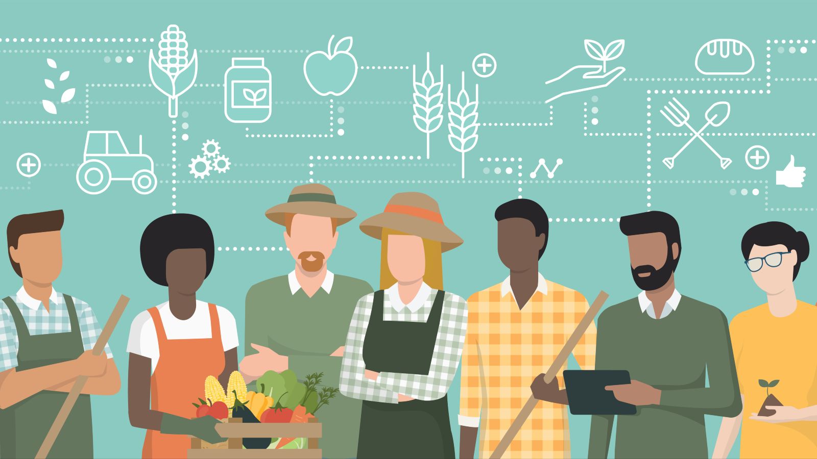 Eine digitale Illustration verbildlicht die Verbindungen zwischen verschiedenen Kompartimenten eines Landwirtschaftssystems mit Hilfe von Piktogrammen und Punktlinien. Im Vordergrund steht eine Gruppe landwirtschaftlicher Arbeiter.