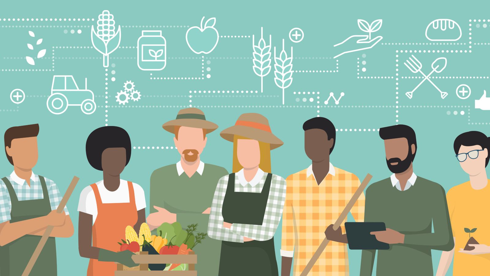 Eine digitale Illustration verbildlicht die Verbindungen zwischen verschiedenen  Kompartimenten eines Landwirtschaftssystems mit Hilfe von Piktogrammen und Punktlinien. Im Vordergrund steht eine Gruppe landwirtschaftlicher Arbeiter.