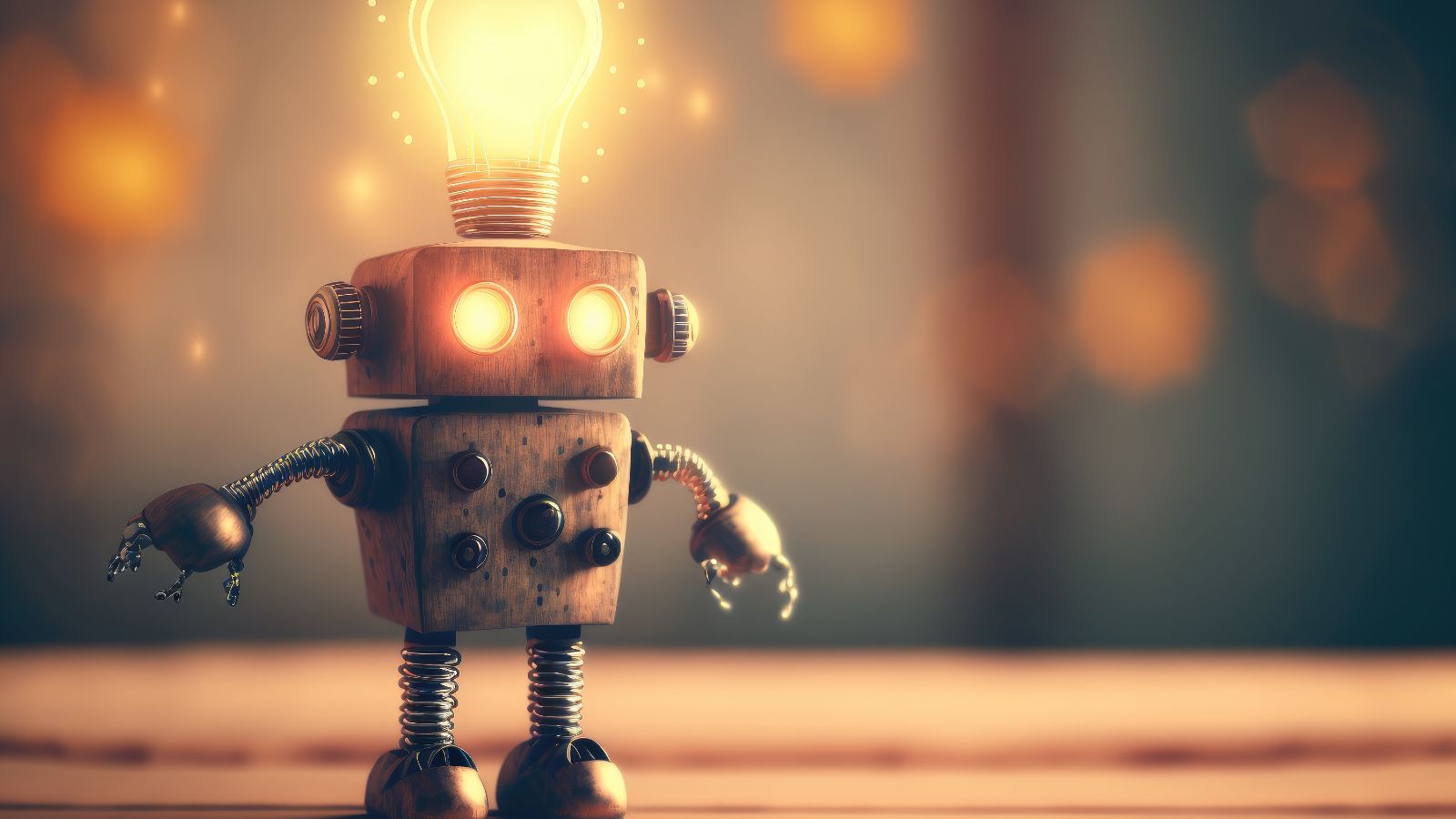 Ein kleiner Metall-Roboter steht auf einer Fläche und hat eine leuchtende Glühbirne auf dem Kopf