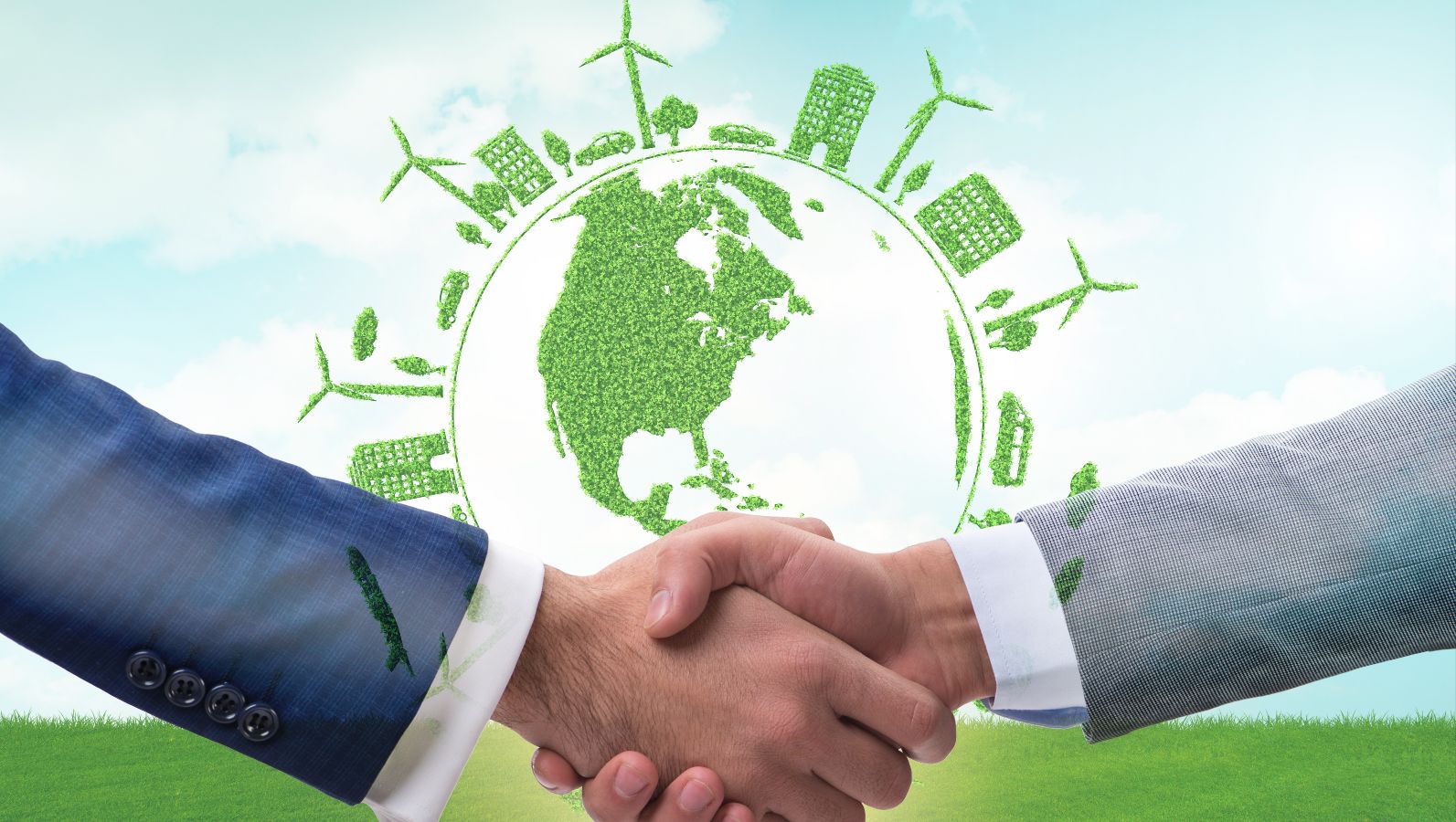 Zwei Personen in gepflegten Anzügen schütteln sich die Hände. Im Hintergrund schwebt der Umriss des Globus mit grünen Anlagen.