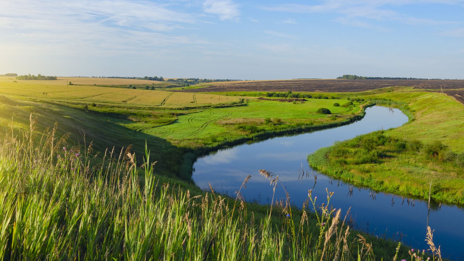 Ein Fluss schlängelt sich durch eine grüne hügelige Landschaft bei tiefstehender Sonne.