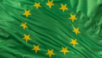 A green flag of the European Union flies in the wind.