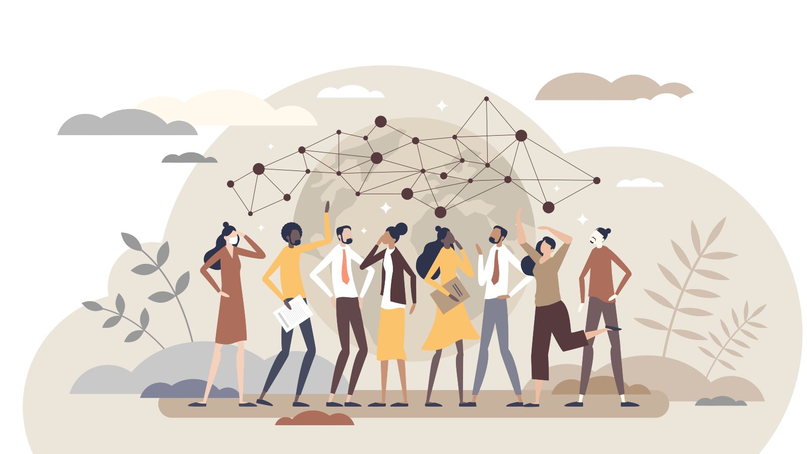 gezeichnete Menschengruppe stehen in einer beigen Wolke. Über ihnen ein Gedankennetz.