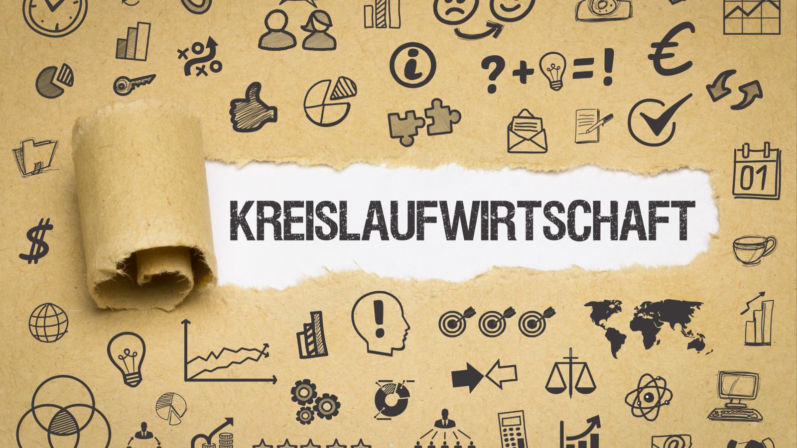 Unter einem Riss in einem braunen Blatt Papier steht das Wort „Kreislaufwirtschaft“. Auf dem Papier sind viele verschiedene Piktogramme.