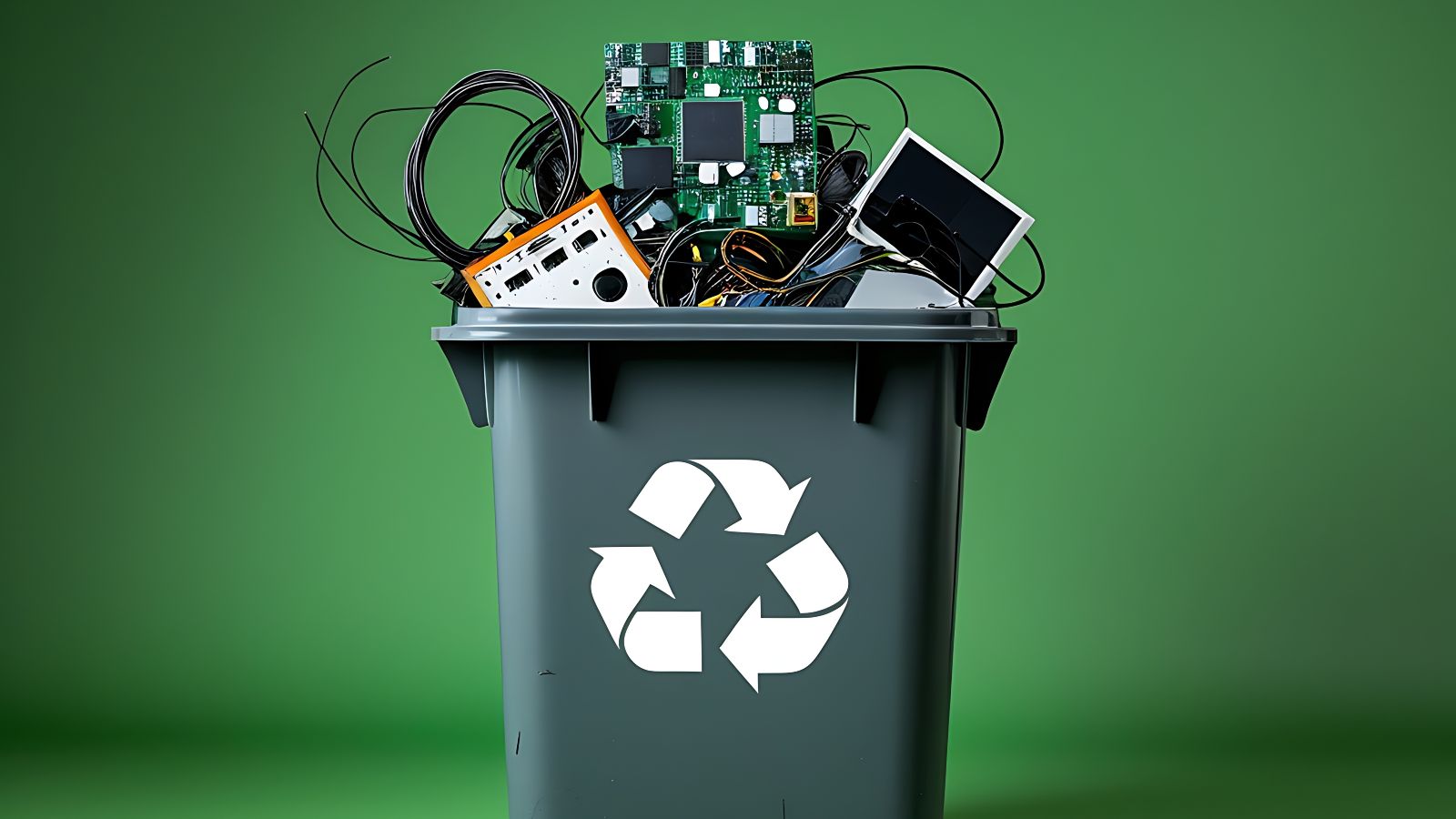 Eine graue Tonne mit weißem Recyclingsymbol steht vor grünem Hintergrund. Über den Rand der Mülltonne ragen diverse alte Elektrogeräte und Kabel.