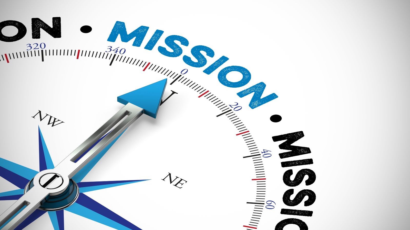Pfeil von einem Kompass zeigt in Richtung Mission.