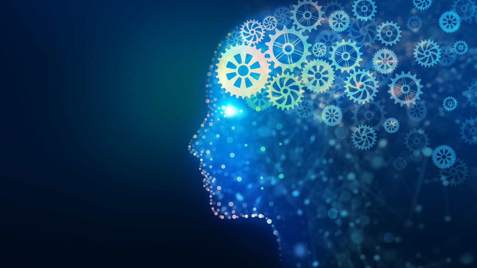 Helle Punkte bilden das Profil eines Gesichts auf dunklem Hintergrund. Im und hinter dem Kopf befinden sich verschiedene Zahnräder.